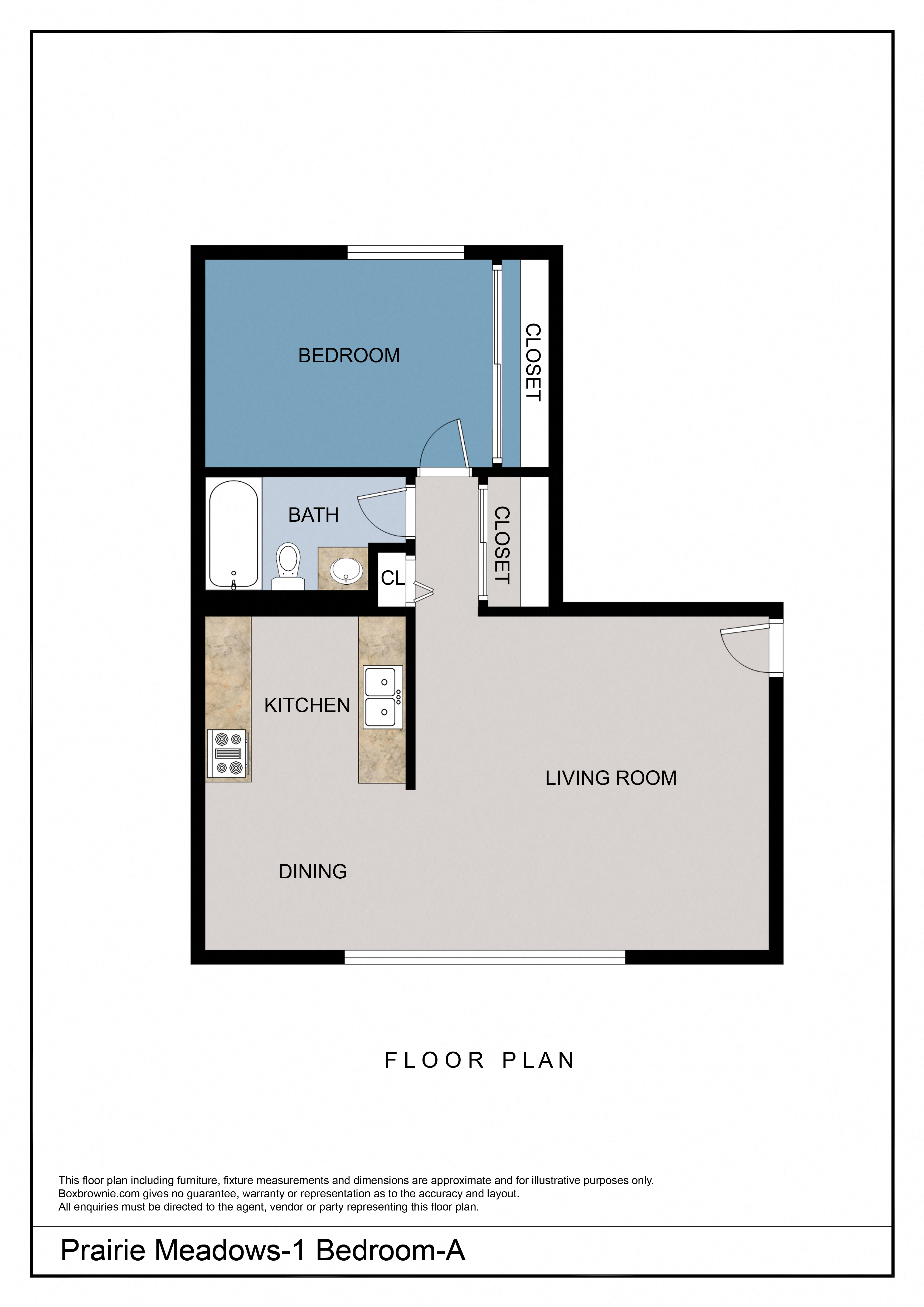 Floor plan for 1 bed, 1 bath, 573 sqft